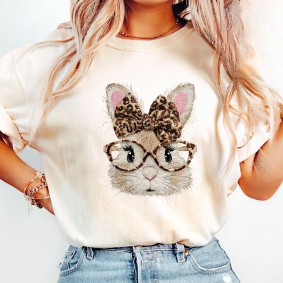 Tops - Leopard Glasses Rabbit Shirt, Bunny T-Shirt, Easter Day Shirt,